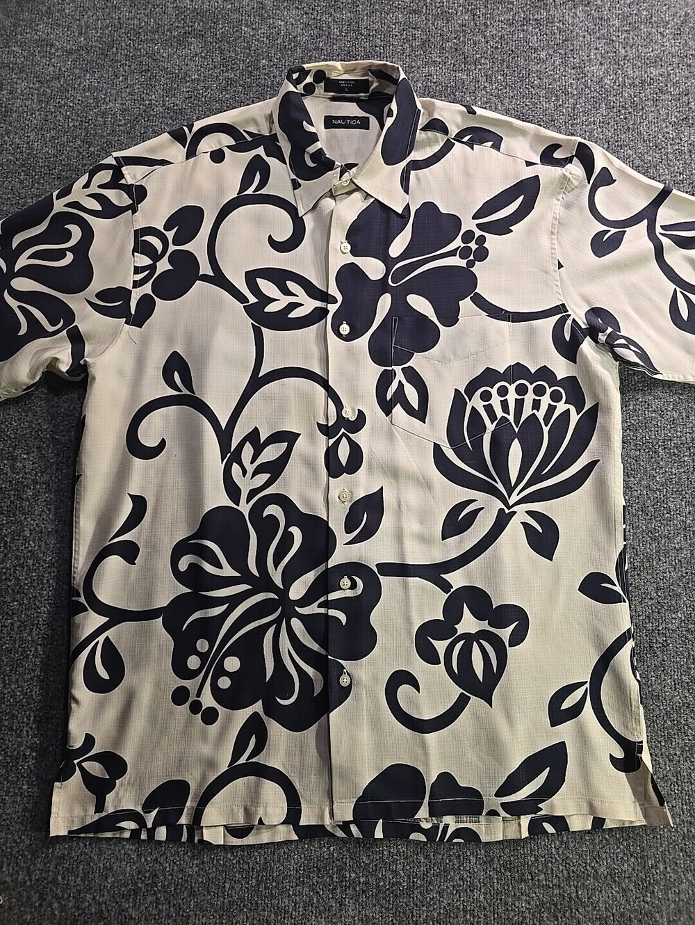 NAUTICA Hawaiian Button Down Shirt Men's L Beige Floral Short Sleeve 100% Silk